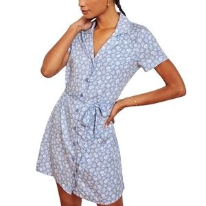 REFORMATION Betsy Floral Print Button Down Mini Shirt Dress Belted SZ M Blue Y2K